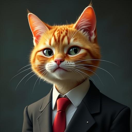 Semi-realistic cat in a suit with a nervous smile. Sweat drops on forehead. Eyes glancing sideways.