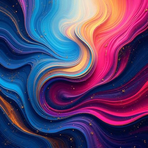 A vibrant abstract composition features swirling organic shapes. Bold gradients of electric blue magenta and gold combine. Glossy textures showcase intricate patterns. This image evokes a sense of dynamic movement and showcases a modern digital art style.
