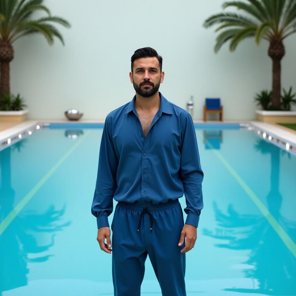 A man in a blue outfit is standing confidently by a calm swimming pool. The water is perfectly still, reflecting the serene environment. Palm trees frame the background, adding a tropical vibe. The man's blue outfit contrasts beautifully with the turquoise water. This setting suggests relaxation and sophistication, ideal for lifestyle or fashion photography.