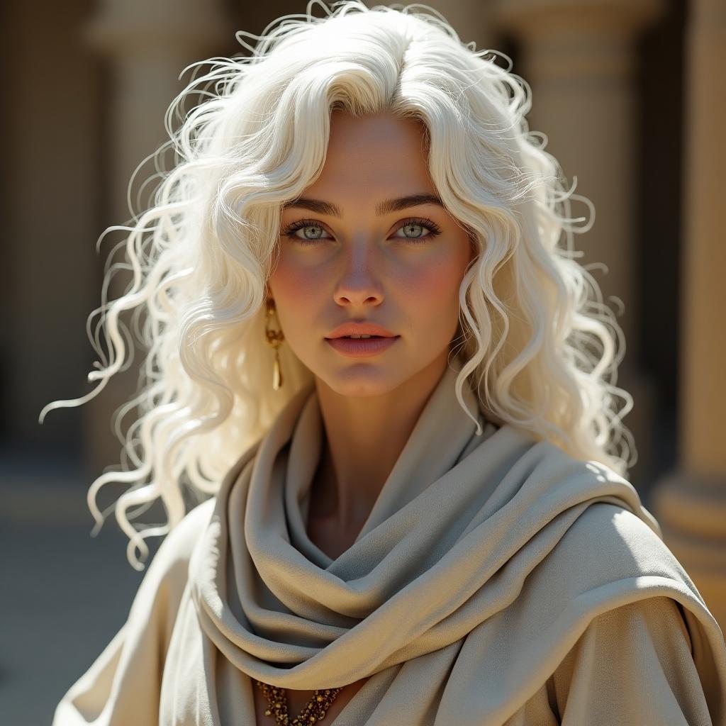 Character design in arcane style. White curly hair styled. Arabic clothing outfit worn. Grey eyes and fair skin displayed. Detailed background with intricate environment. Art style influenced by Artgerm, Greg Rutkowski, and Alphonse Mucha.