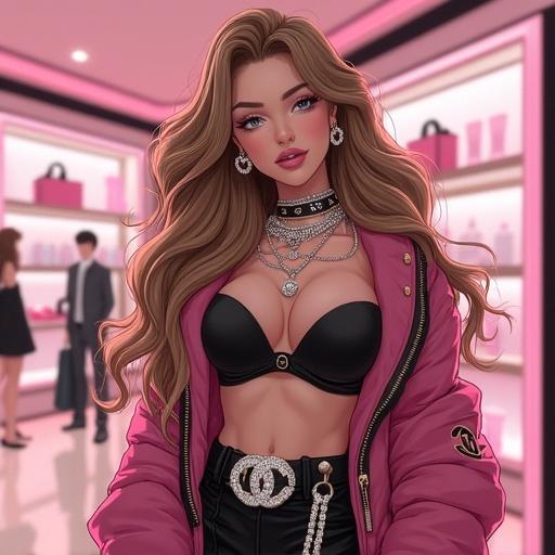 Anime style image of a woman in a luxurious Chanel store. She is 28 years old with light pink diamond jewelry and oversized light brown wavy hair. Wearing edgy Chanel streetwear and other expensive accessories. Setting is modern and luxurious, filled with extravagance. She embodies an A-list celebrity style in a shopping environment. Featured elements include a bustling store atmosphere and futuristic elements.