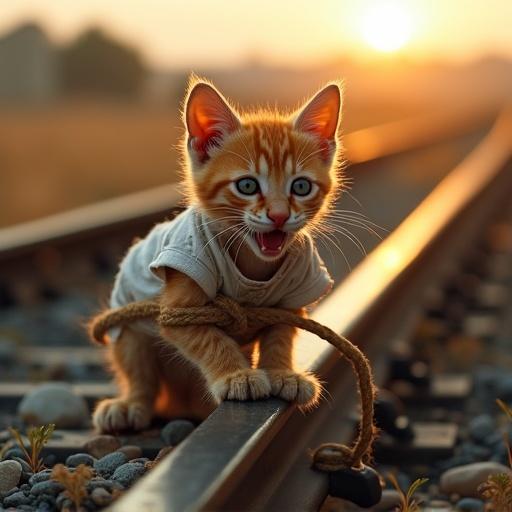 A terrified orange kitten tightly tied to a railway track using thick rope. The kitten is struggling with wide eyes and a dirty torn white shirt. The scene includes steel rails, gravel stones, dry grass, and weeds during golden hour with warm lighting. The style is semi-realistic with an emotional tone.