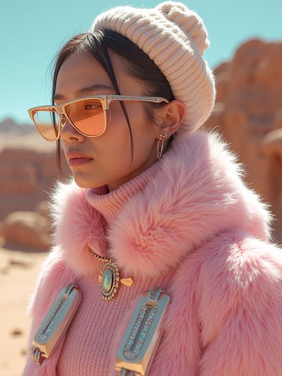 Fashion photography depicts a character designed for life on Mars. Model wears a furry pink coat and accessories in pastel colors. The scene is in a desert-like setting, emphasizing a futuristic theme. The composition is aesthetically pleasing and intricate.