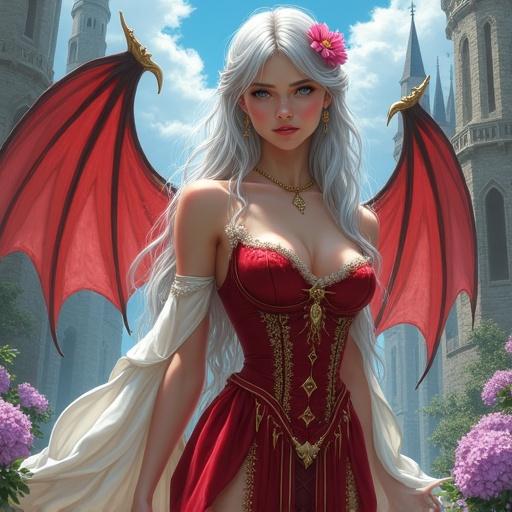 A young woman with silver hair and a pink flower in her hair. She wears a red velvet dress with gold accents. Bat wings are behind her. A gothic castle with towers is in the background. Surrounding flowers are purple. The sky is blue with white clouds. Light creates a warm glow.