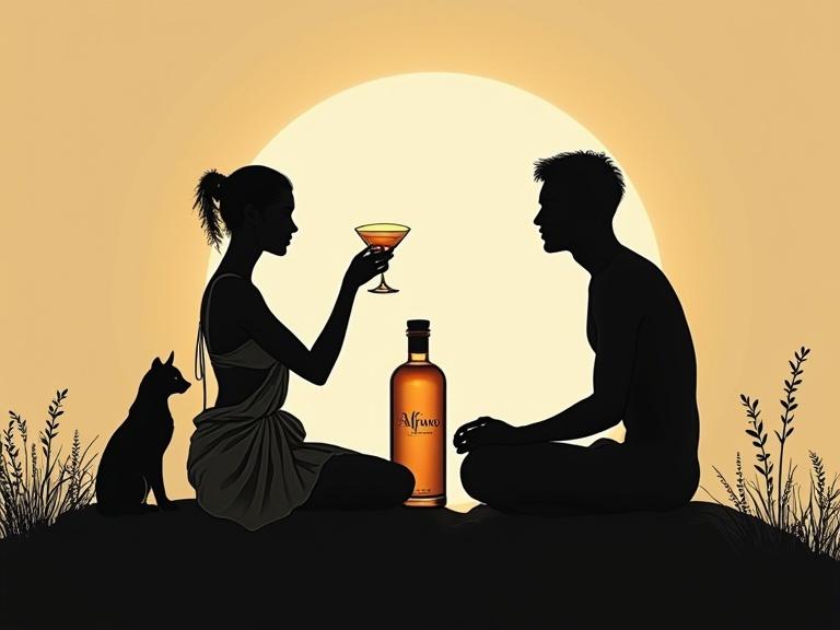 Minimalist silhouette of a couple seated in a serene garden. Woman with braided hair and tattoos wears boho blouse. Man seated beside with drink in hand. A large bottle labeled 'ALFRUNO' glows softly. Scene includes a lynx observing them. Highlighted against a neutral background with bold outlines. Evokes a mysterious and elegant atmosphere.