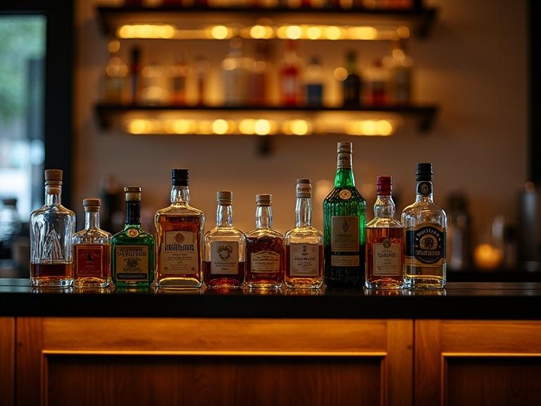 Photo of a bar shelf displaying various liquor bottles. Shallow depth of field creates a cozy atmosphere. Warm lighting enhances the upscale bar setup. Includes green glass and clear glass bottles with various colored labels. Wooden shelves with brass bars and a blurry background create a bokeh effect. Wooden cabinet below holds small glass bottles. Image is a medium wide shot with soft focus and reflections.