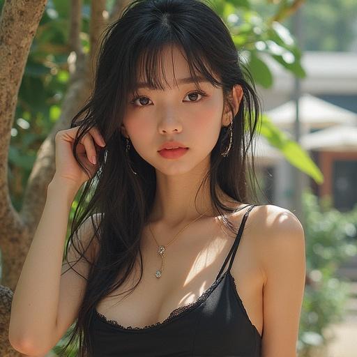 A realistic, full-body image of a stunning Asian woman. She poses gracefully with a serene expression, dressed in a sleek black dress, amidst a lush outdoor environment.