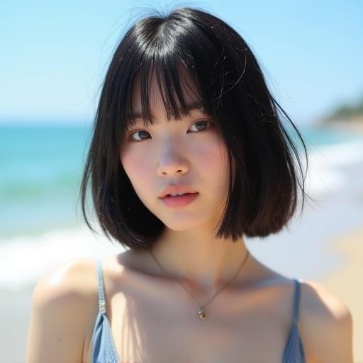 Portrait of a young Japanese girl at the beach. She has dark bob hair. Bright lighting emphasizes her features. Beach is sunny.