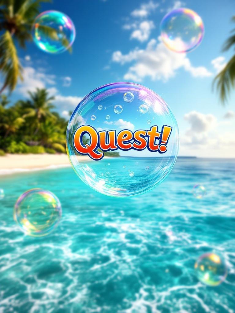 Nine colorful bubbles float in the air. One bubble features the word 'Quest!' in bold playful letters. Background shows the Caribbean Sea with turquoise waters, gentle waves, palm trees, and sandy beaches. Scene evokes adventure and tranquility.