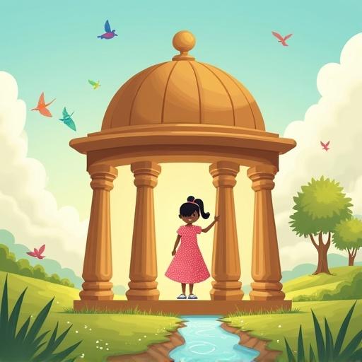 Warm and soft flat-style children's book cover illustration. Large symbolic wooden house with dome-shaped roof prominently in center foreground. Five distinct columns with middle column glowing. Inside house, small girl interacting with a column. Short black hair in ponytail. Pink dress with white polka dots. White shoes. Skin tone visible, face without features. Background soft green grassy field, small clear river, colorful birds, dreamy trees, blue sky with sunlight. Overall mood emotional, serene, spiritual. Flat, clean, child-friendly style. Empty space at top for Arabic title text.