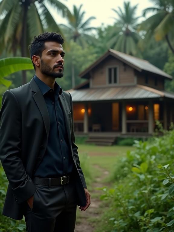 A handsome Latino man stands confidently beside a plantation house in a lush jungle environment. He wears a dark suit and dark shirt, exhibiting a stylish appearance. The scene suggests a conversation with a cartel boss, capturing a rich narrative. Full body shot. Realistic portrayal.