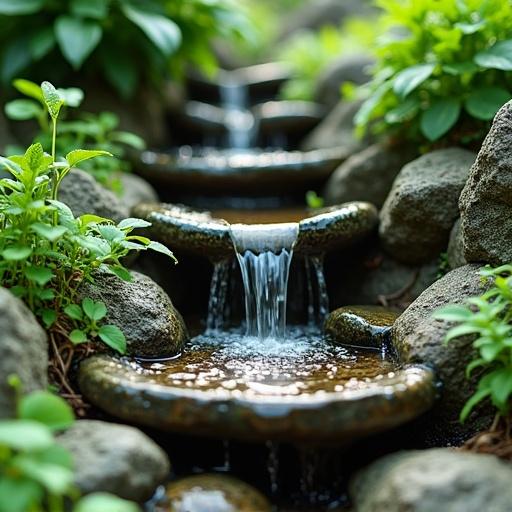 Magical natural healing fountain with water sprinkling between rocks. Overgrown by green plants.