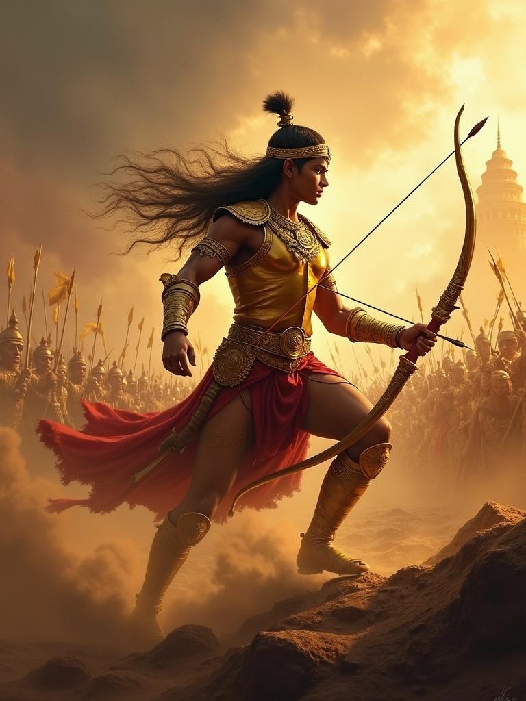 Highly detailed digital painting of Abhimanyu. Depict him in battle wielding a bow. Show golden armor gleaming. Dust and arrows fill the air. Intensity in his eyes captures heroic spirit. Background includes war chariots and warriors. Sky filled with smoke and divine energy. Use warm tones like deep oranges and golds.