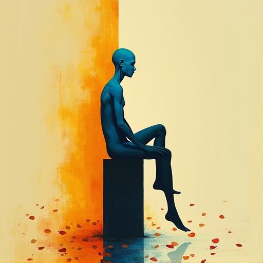 Bald human figure depicted in silhouette. Tall, thin, teenage look. One solid fill color with orange, blue, and yellow tones. Sitting on a pedestal in the center. Petals are falling around. Dreamlike minimalist style, contemporary digital painting with abstract forms and textured brushwork.