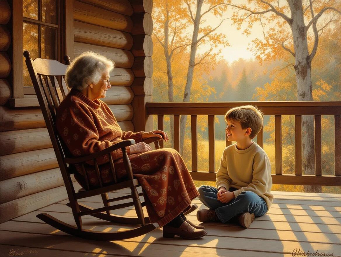 A storytelling moment between an elderly woman in a rocking chair and a young boy sitting cross-legged on a wooden porch. The scene has warm facial expressions and emotional family connections. Soft evening sunlight illuminates them, with dappled forest light in the background. The setting is a rural wooden cabin depicted in an oil painting style with thick brush strokes and rich texture.