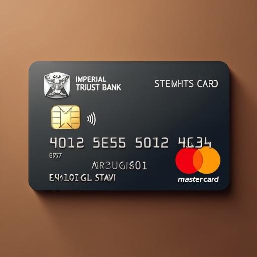 Realistic depiction of a credit card with visible details. Features Mastercard logo and Imperial Trust Bank. Card number is clearly presented. The name is noted. Expiration date included. Clean and realistic design with a brown background.