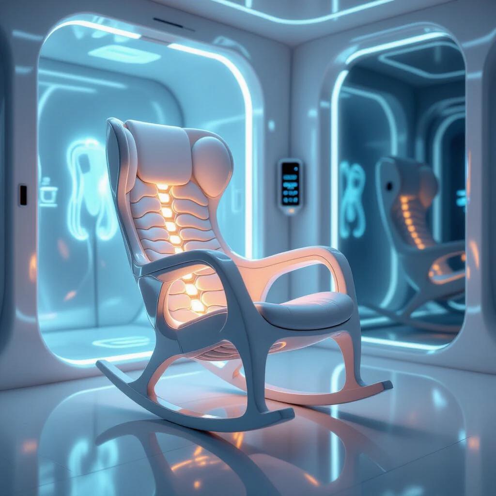 Futuristic setting featuring a living rocking chair designed from biomechanical tissue and smart polymers. Chair responds to sitter’s heartbeat and posture, flexing and pulsing softly. Form resembles vertebrae and sculpted flesh with translucent muscle fibers. Situated inside high-tech wellness pod with glowing biotech mesh walls. Digital readouts hover nearby and ambient light reflects off resin floor. Gentle hum fills space. Close-up side angle emphasizes chair’s surface and motion. Scene blends clinical precision with organic life.