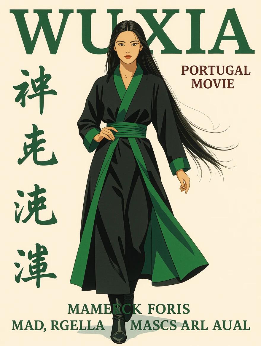 A woman full body wearing black and dark green clothes. Long hair flowing. Styled like an 80s drama action movie poster. Title is Wuxia Portugal. Bright and engaging design.
