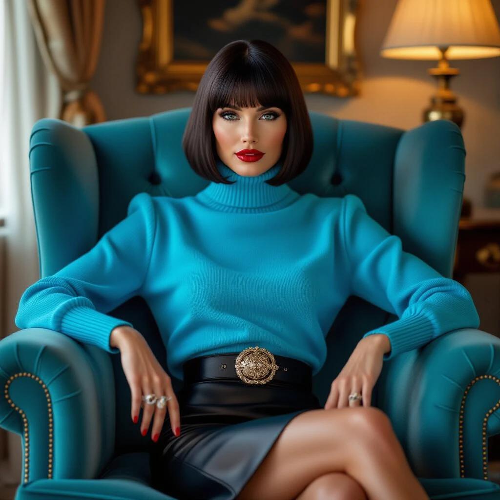 A striking woman lounges in a plush turquoise armchair. She wears a vibrant blue turtleneck sweater and a black leather skirt. The setting is luxurious with elegant furnishings and warm lighting. The atmosphere feels intimate and glamorous. The woman exudes confidence and sophistication.
