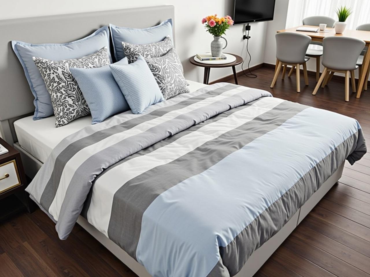 The image shows a modern bedroom setup. There is a neatly made bed with a multi-colored striped comforter, featuring gray and blue patterns. Several matching pillows of different sizes are arranged on the bed's headboard, which is upholstered in a light gray material. Next to the bed is a small nightstand with a few decorative items, including a vase with flowers and some books. In the background, there is a small dining table with chairs, and a television mounted on the wall. The flooring has a dark wood appearance, contributing to a cozy atmosphere.