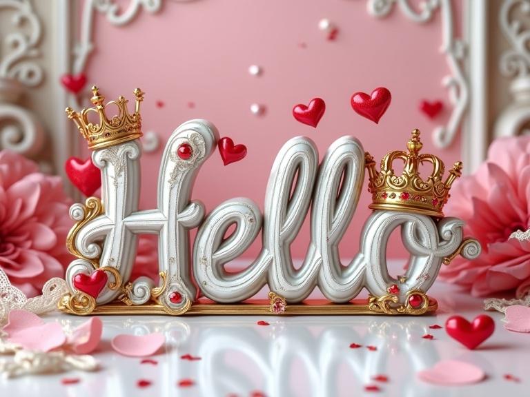 3D rendered typography design featuring the word 'Hello' in ornate style. Letters are silver and white with intricate details. Letter 'H' adorned with a golden crown and red heart jewels. Background in soft pink and white with swirling patterns. Small red hearts float throughout. Text on a reflective surface with heart confetti. Design includes lace-like elements and pink fabric. Romantic fairy tale quality with warm colors.