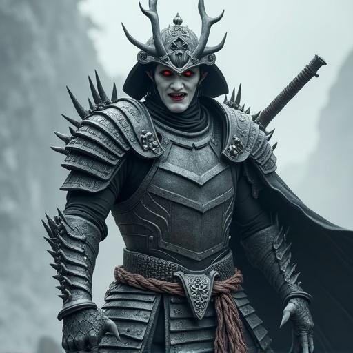 Muscular white vampire with red eyes and sharp teeth. He wears grey samurai armor full of spikes. Armor covers entire body. Two claws on left gauntlet. Sharp sword in hand. Dark and dramatic atmosphere.
