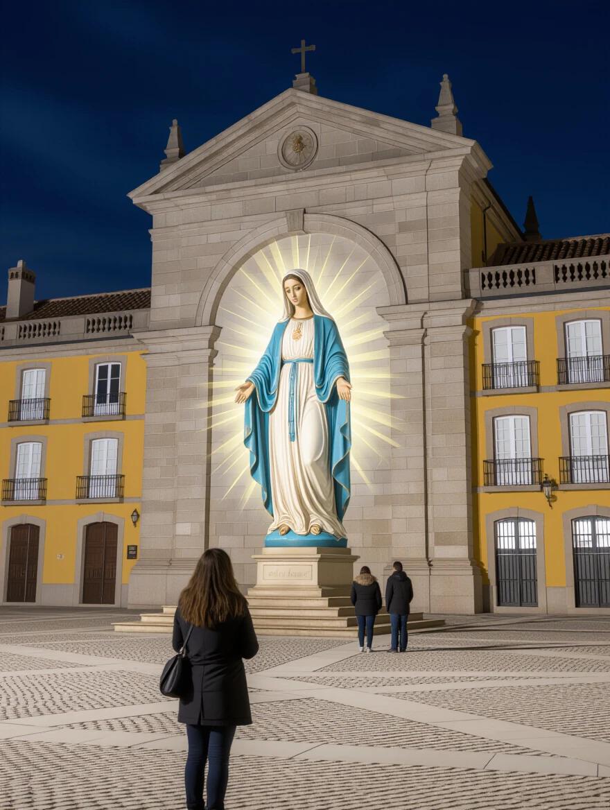 Scene depicting the apparition of Virgin Mary in El Escorial in 1983 at night. A solitary woman is observing the scene with surprise.