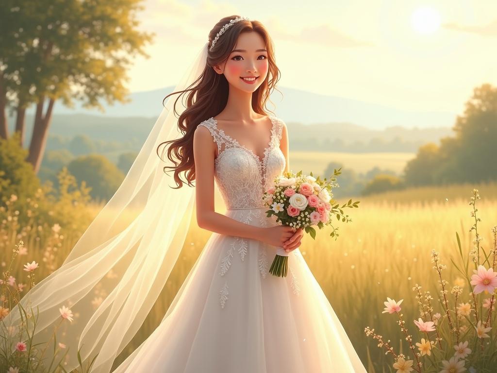 A joyful young bride stands full-frontal in a sunlit natural landscape. She wears an elegant wedding dress with embroidery, a soft veil, and has long hair that moves with the breeze. In one hand, she holds a bouquet of flowers. The background features a serene setting with a meadow or garden by a lake, illuminated by warm light. The mood is light and celebratory.