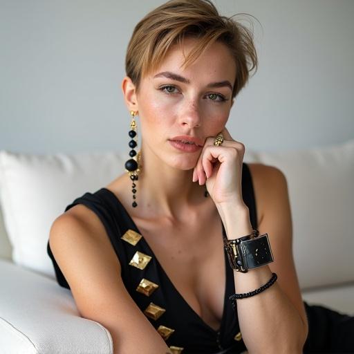 Woman with stylish pixie cut rests on white couch. She has fair skin and freckles. Wearing a black sleeveless top with gold beading. Accessories include bracelets and simple earrings. Soft lighting enhances her look. Background is blurred to focus on her expression.