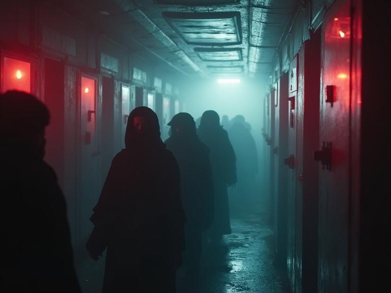 Dozens of shadowy figures moving in a foggy corridor. Red lights flash while alarms sound in the background. The camera rotates slightly to enhance the suspense. A sci-fi horror awakening scenario unfolds.
