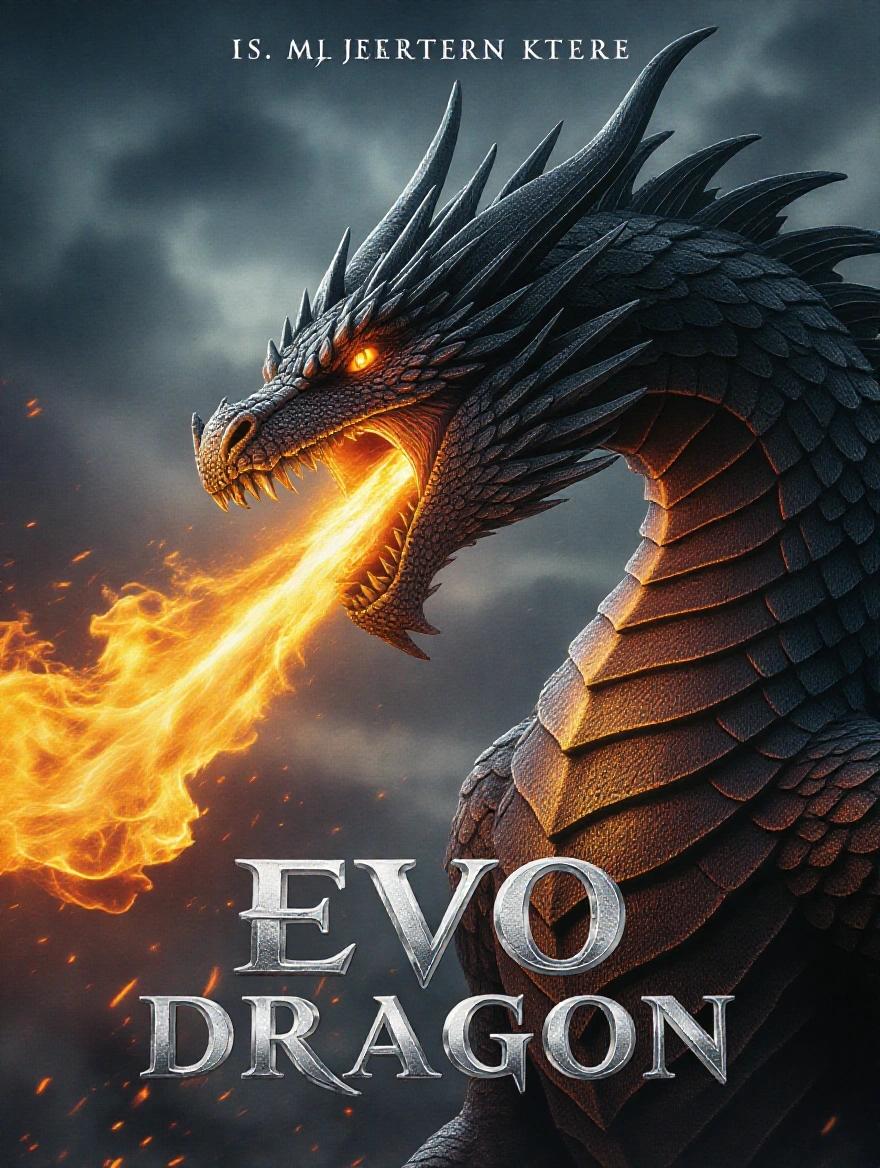 Evocreate movie poster features a mighty dragon spitting flame with the title 'Evo Dragon'. Text is in a gothic font with a silver metallic texture.