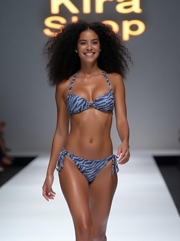 A young woman with long black curly hair is smiling while walking on a white runway. She has fair skin and is wearing a blue and gray bikini with a zebra pattern. The bikini has molded cups and ties at the back. A sign saying Kira Shop is in the background.