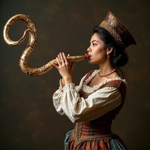 A hispanic woman blowing a long curly horn. She wears clothing resembling an old English horn blower from the 18th century.