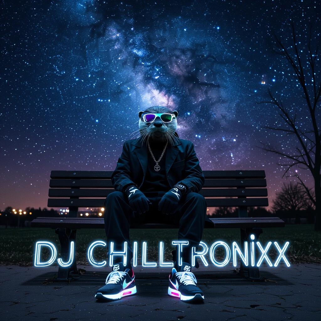 Distant lights create shadows. Raw photo captured at night portraying a dark vibe. Character resembles a gangster otter in stylish clothes. Accessories include gloves and sunglasses. Stylish neon Nike Air runners worn. Sitting casually on a park bench beneath a dark nebula sky. Vast expanse of space visible. Artistic representation incorporating futuristic text: DJ Chilltronixx.