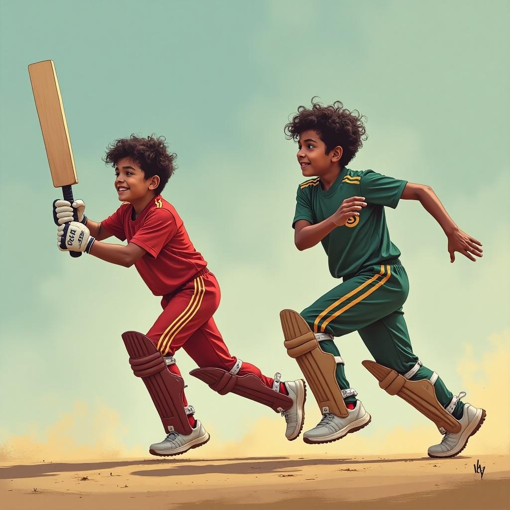 A kid is batting with confidence. The player in green is bowling energetically. The scene depicts a classic cricket moment. The kids are dressed in colorful sports uniforms. The background suggests a cricket field.