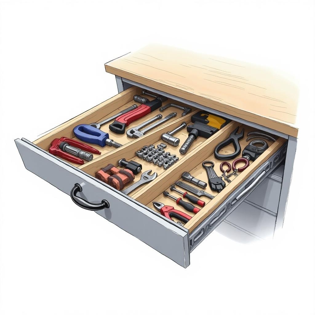 Flexible tools drawer with various hand tools. Neatly organized layout showing a variety of items such as wrenches, pliers, and screwdrivers in a wooden drawer.