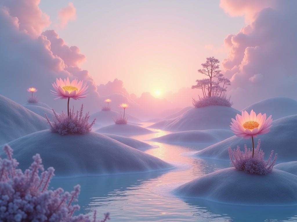 a dreamy, surreal landscape with large lotus flowers and a softly colored sky, serene water, gentle hills, a magical sunrise, in pastel hues