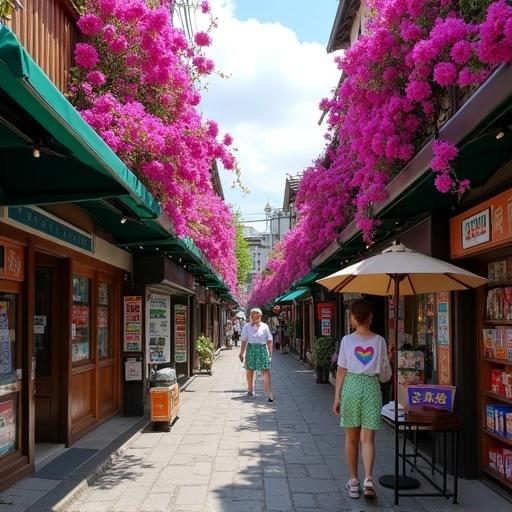 A narrow street in a Japanese town features vibrant bougainvillea flowers in magenta. Shops with green awnings line the path. Pedestrians enjoy the ambiance. A person holds a beige umbrella. The buildings have traditional elements. The sky is partly cloudy.