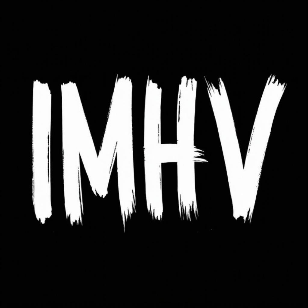 Image features letters 'IMHV' on black background. Letters appear hand-painted with bold brushstrokes. White letters contrast with dark backdrop. Rough edges and varied thickness create an energetic feel.