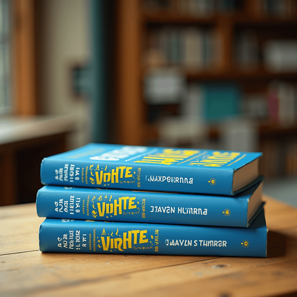 A stack of three blue books with yellow and white text on the covers, placed on a wooden table in a library setting.