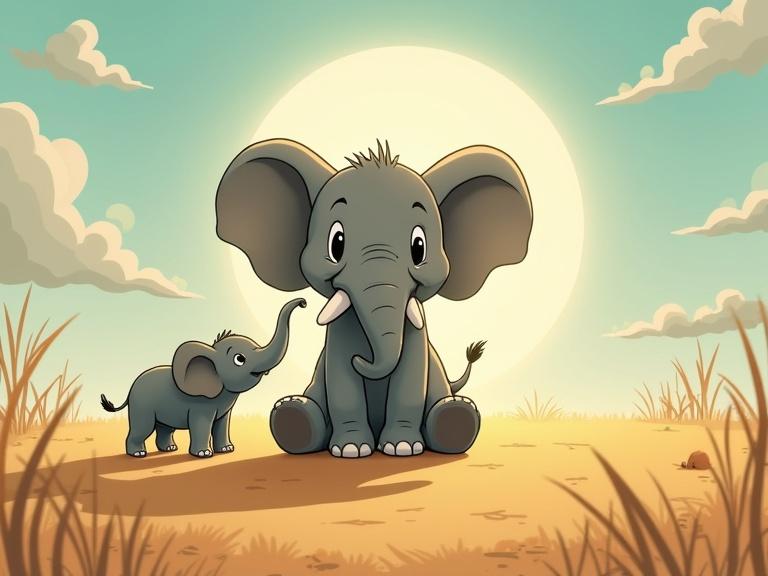 Cartoon scene featuring two elephants, one adult and one baby, in a playful demeanor. The adult elephant sits while the baby elephant interacts with its shadow. Background shows a sunset with soft clouds.
