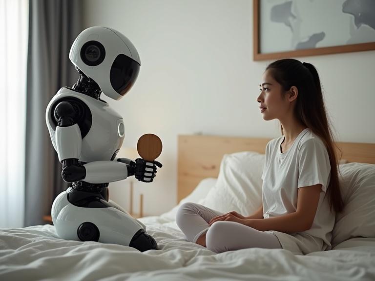 A futuristic home robot is sitting on a bed with a young woman. The robot holds a wooden paddle. They look at each other. The room appears cozy and modern. The atmosphere is engaging and curious.