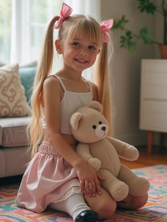 A young girl with long blonde twin tails and pink bows kneels on a colorful rug in a soft-lit living room. She’s dressed in a white crop top and pale pink skirt, wearing thigh-high socks with lace, and black shoes. She hugs a teddy bear and looks up with curiosity.