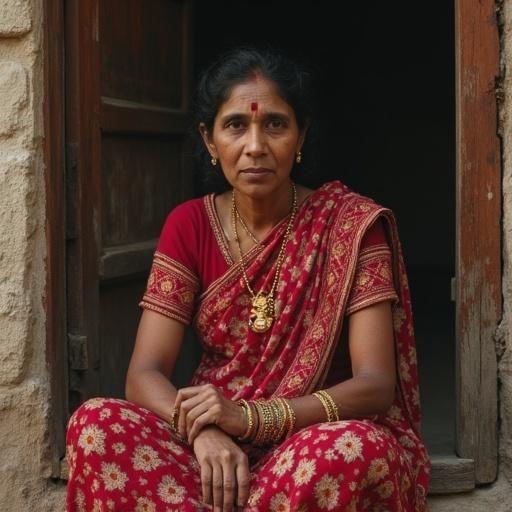 A realistic portrait of an Indian woman relaxing inside her home. She is dressed in traditional attire with jewelry. The setting features wooden doors and a cozy atmosphere.