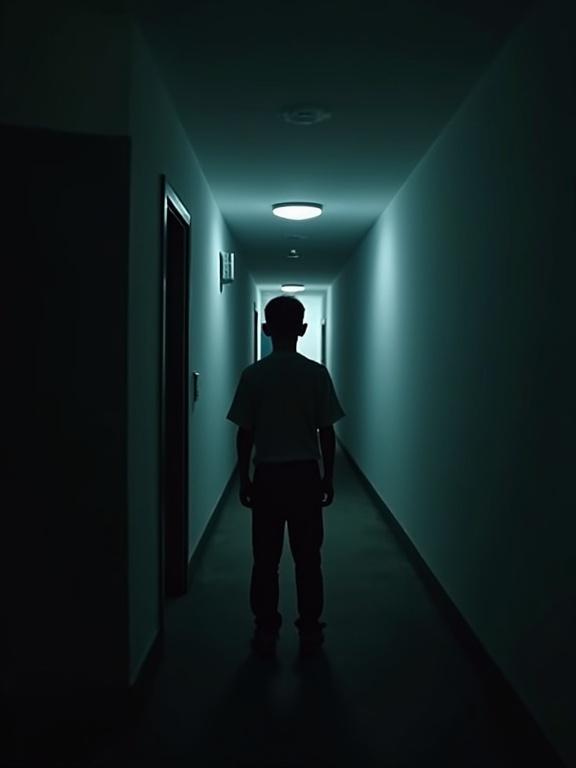 Smartphone screen glowing in the dark shows photo of boy from behind. Hallway angle offers horror detail focus. Viewer perspective over the shoulder.