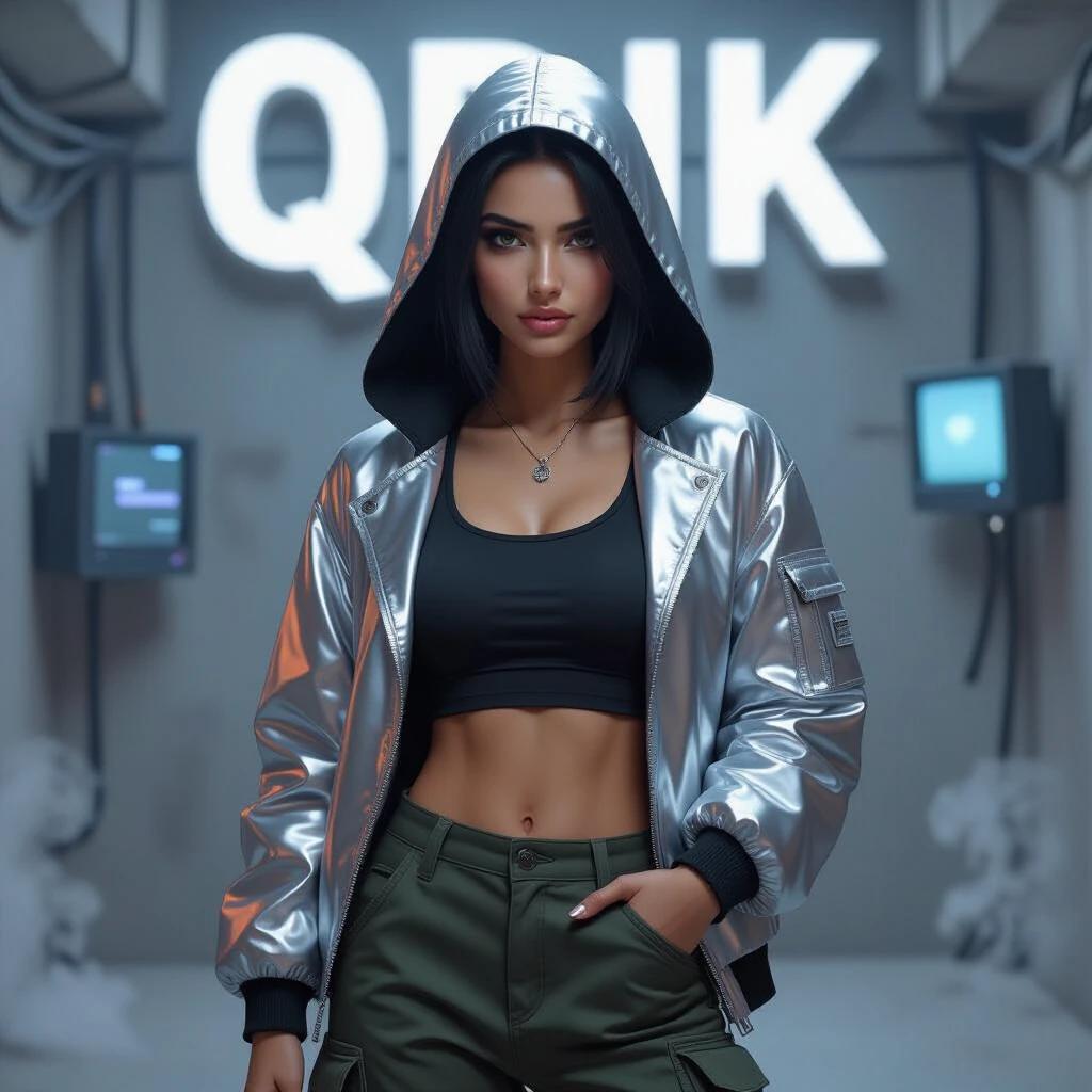 Character portrait of a Turkish woman with tan skin and black hair. She wears a silver hooded jacket and dark cargo pants. The background is a dimly lit brutalist basement with old monitors and smoke. She has headphones around her neck and fingers near a keyboard. The lighting creates reflections of blue and magenta on her face. The scene is captured in an ultra-realistic style with soft digital oil painting effects.