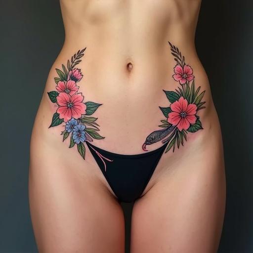 Symmetrical floral tattoo on the abdomen features colorful flower garlands starting from the hips. The tattoo flows down to the bottom of the abdomen just above the pelvic bone. The garlands feature flowers and minimal foliage. One ends with a Clitoria ternatea flower and the other with a stylized snake head. The design is feminine, sensual, and harmonious with flowing lines. Artistic style rich in color and adapted to anatomy.