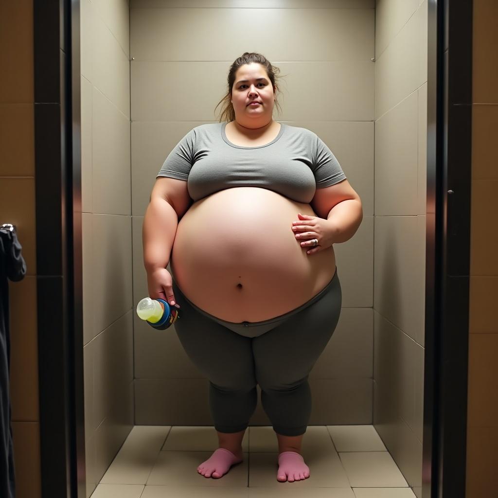 The image depicts a confident woman trying on yoga pants in a fitting room. She is wearing gray yoga pants that accentuate her body shape. With a round belly and strong physique, she stands boldly while holding a feeding bottle. Her cheeks are puffed up, and she appears satisfied. The light pink socks add a playful touch to her outfit. She is taking up space in the fitting room, with her head nearly touching the ceiling. There's a sense of empowerment in her expression, showcasing body positivity.