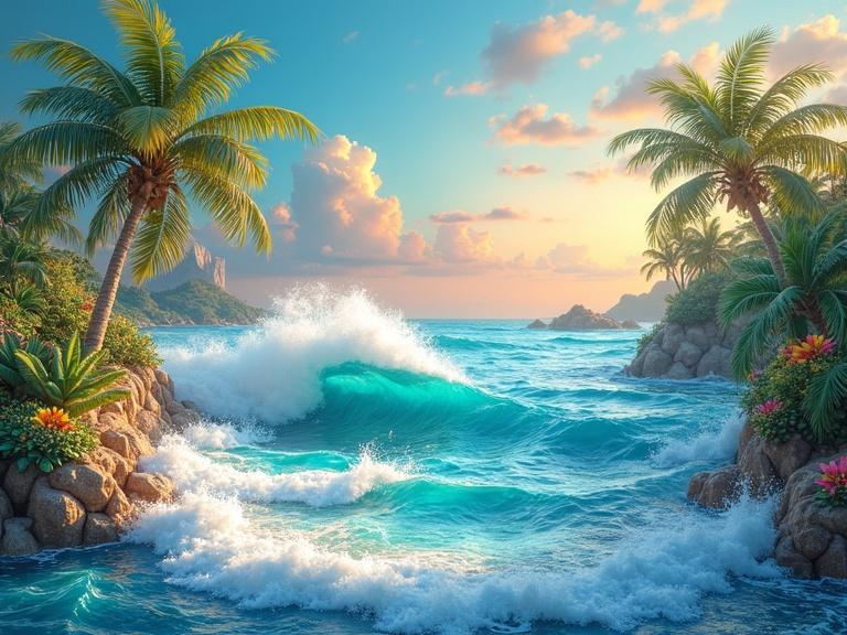A vibrant 3D tropical island scene with rolling waves. The artwork features radiant iridescent colors, intricate gold detailing, and delicate pearl accents in a dreamy ethereal style.