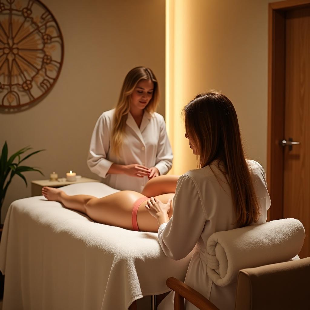 Setting in a spa with two women. One woman receives a bikini wax treatment. The room is warm and inviting with ambient light. Elements include a treatment table and candles.